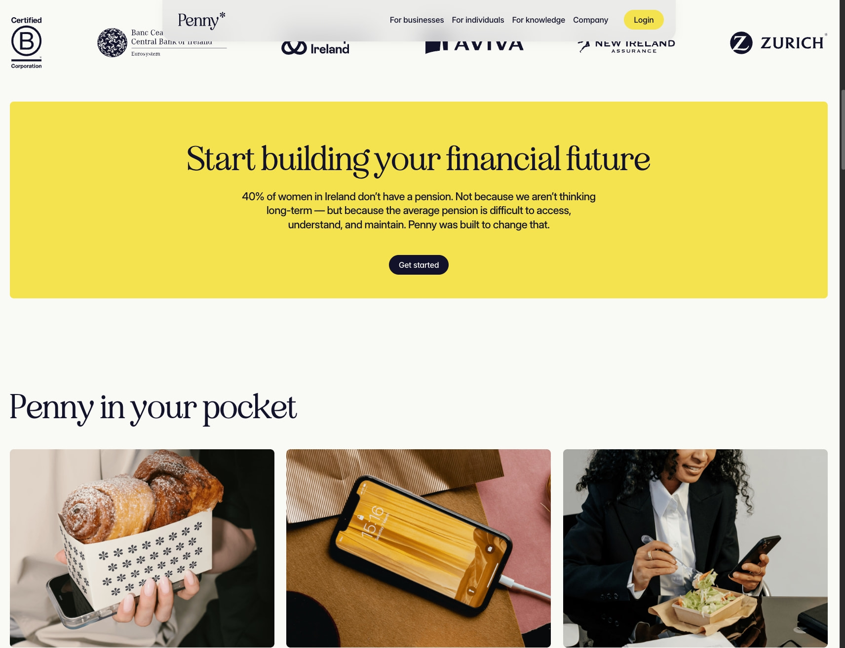 Hero banner with yellow background, dark serif headline, partner logos row, and lifestyle photography grid below captured website design