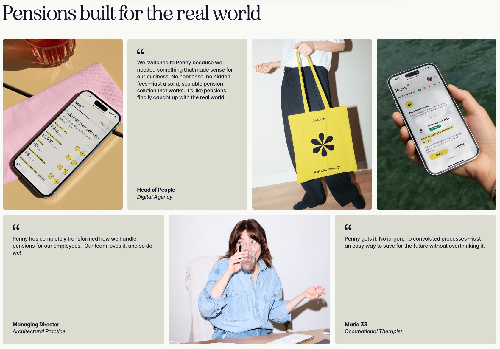 Testimonial grid with lifestyle photography, quote cards on sage green panels, and yellow branded tote bag captured website design