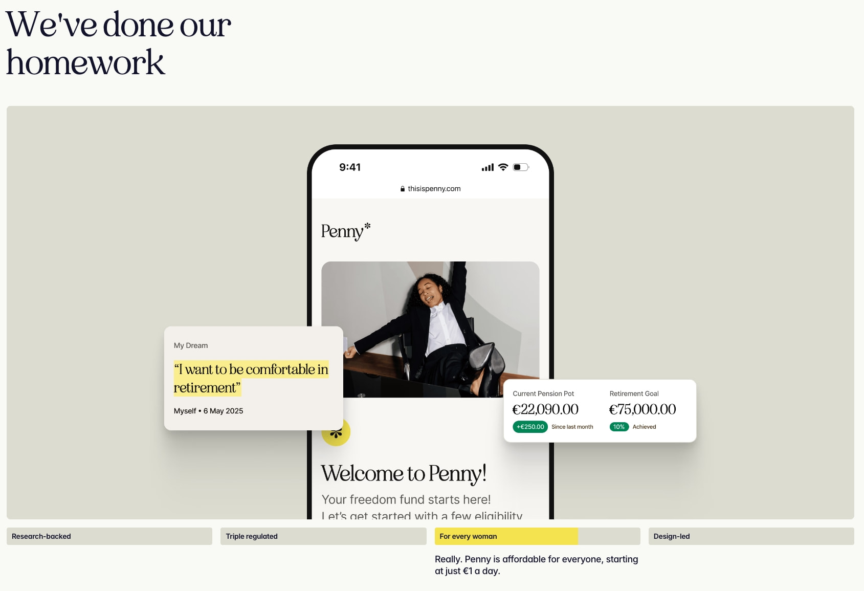 Product showcase section with phone mockup displaying pension dashboard, floating cards, and yellow accent badge on warm cream background captured website design