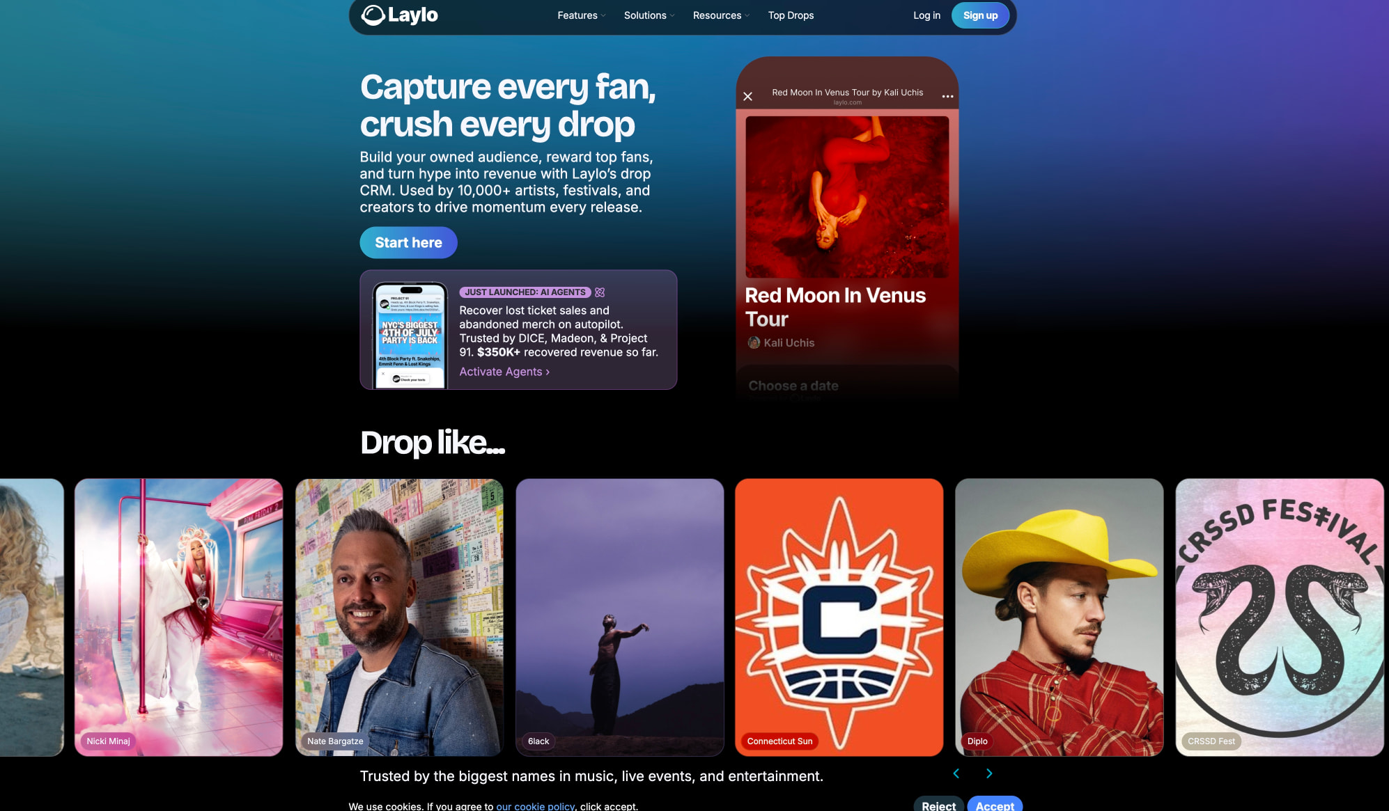 Laylo | The drop platform for artists, live events, festivals, and creators captured website design
