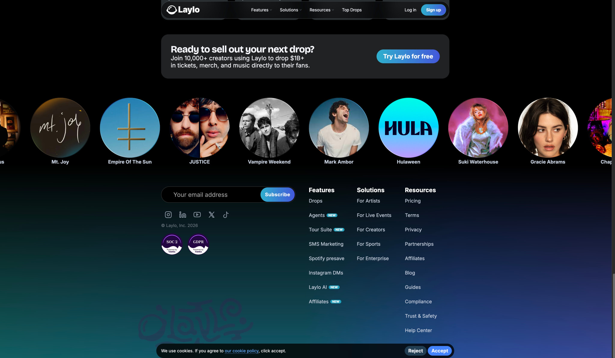 Laylo | The drop platform for artists, live events, festivals, and creators captured website design
