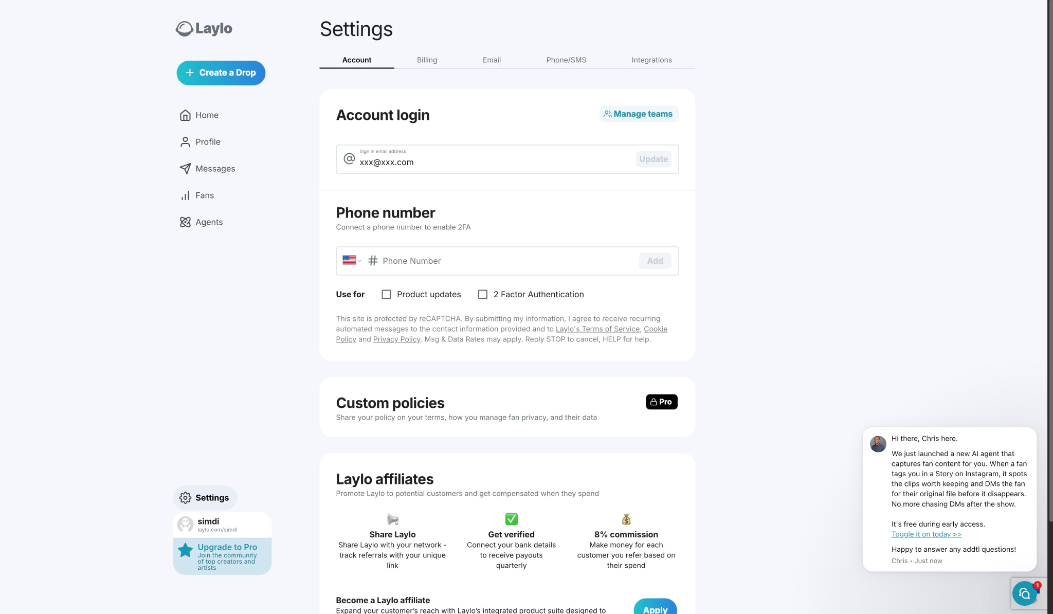 Settings • Laylo captured website design