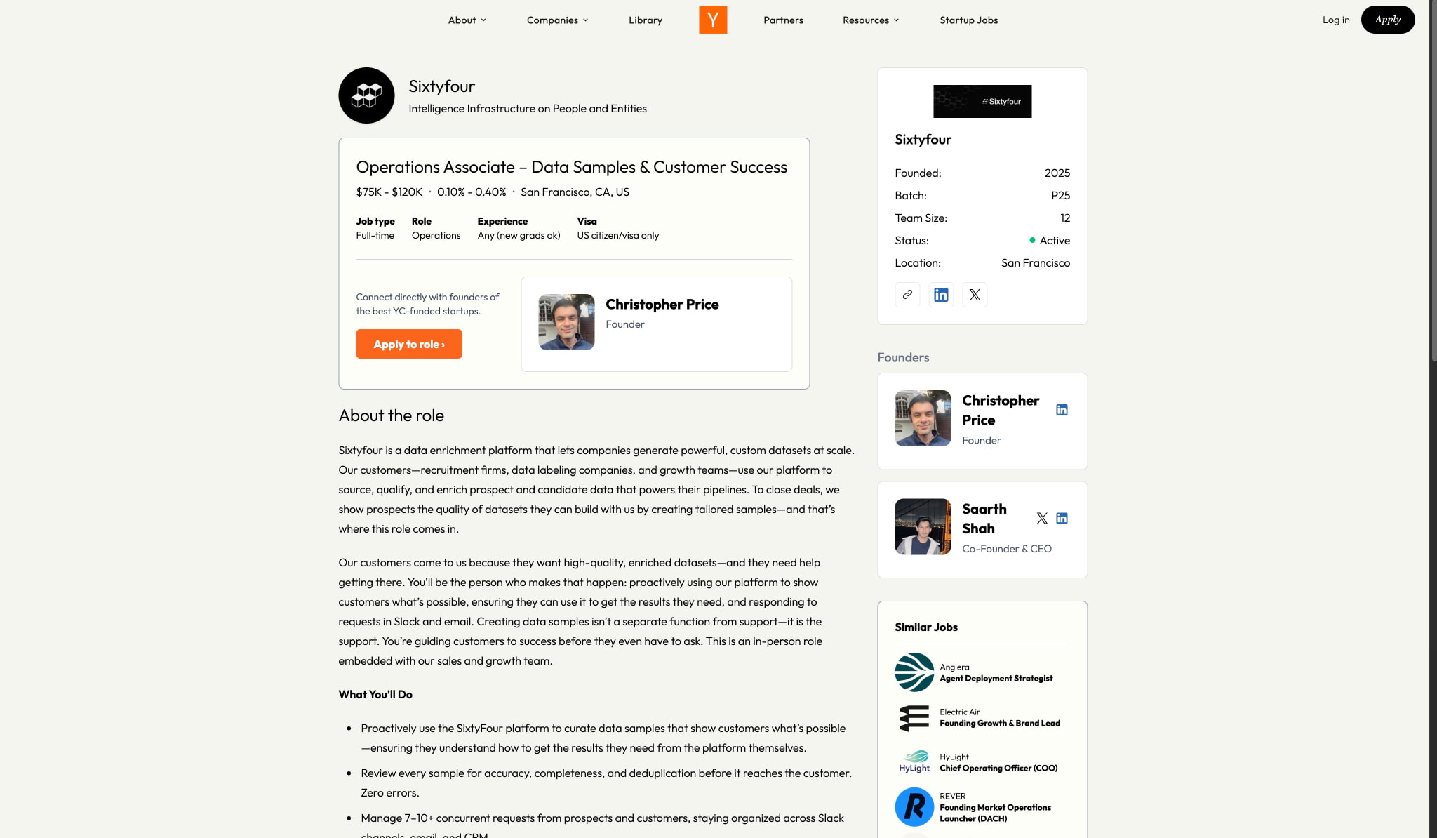 Operations Associate – Data Samples & Customer Success at Sixtyfour | Y Combinator captured website design