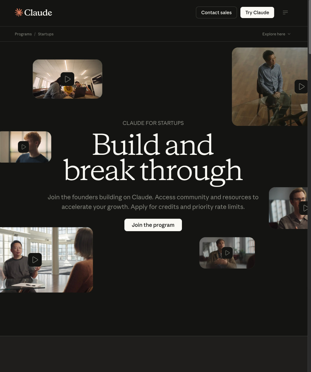 Claude for startups | Claude by Anthropic captured website design