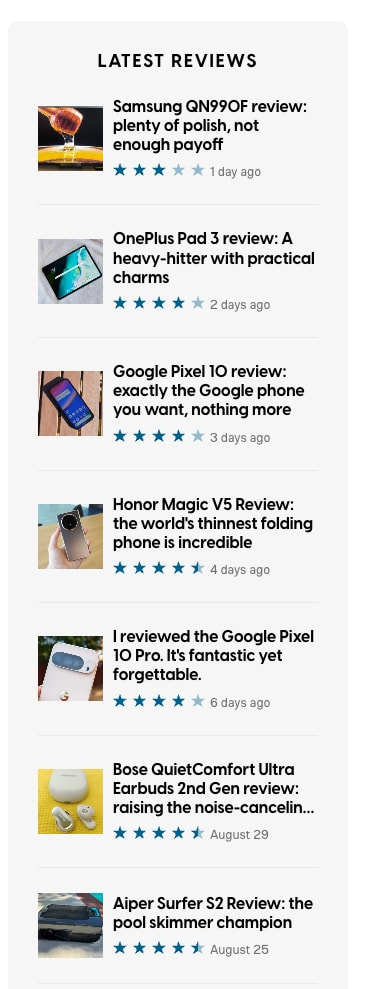 Latest Reviews sidebar with product thumbnails, star ratings, review headlines, and publication dates on light gray background captured website design