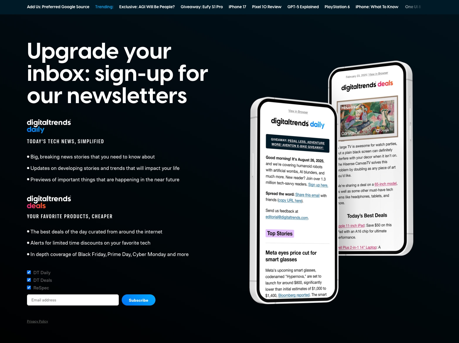Newsletter signup page with large display headline, phone mockups showing email previews, and subscription form with checkboxes captured website design