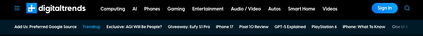 Top navigation bar with hamburger menu, logo, category links, blue Sign In button, and trending topics strip captured website design
