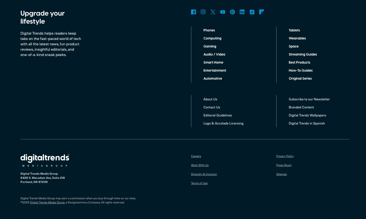 Dark navy footer with social icons, category links, and Digital Trends Media Group branding with address and legal text captured website design