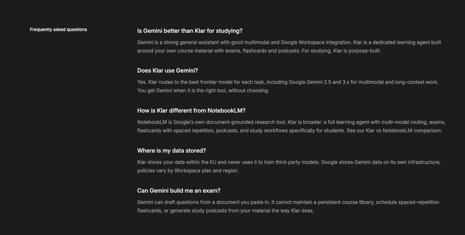 FAQ section with left-aligned section label and accordion-style question-answer pairs in two-tone typography captured website design