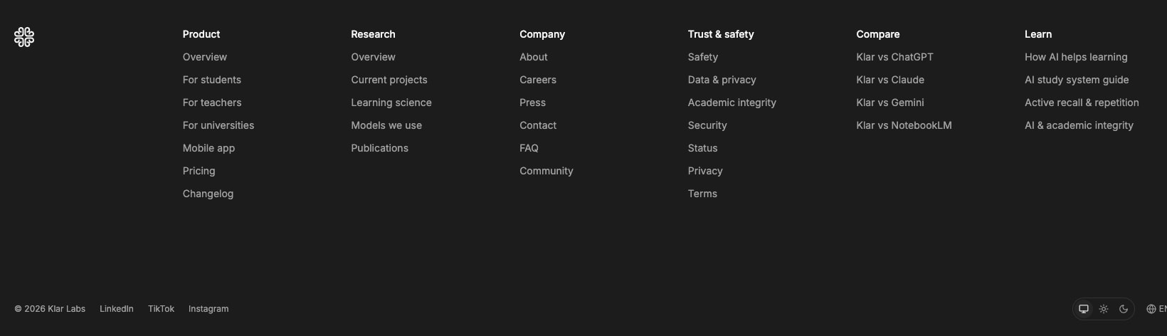 Footer with six-column link grid, social links, and theme toggle controls on dark background captured website design