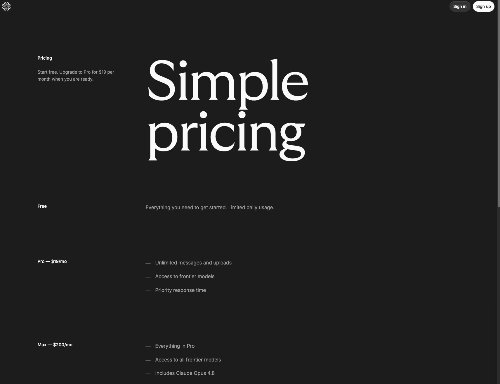 Pricing page hero with oversized serif display reading 'Simple pricing' against near-black background with tiered plan layout below captured website design