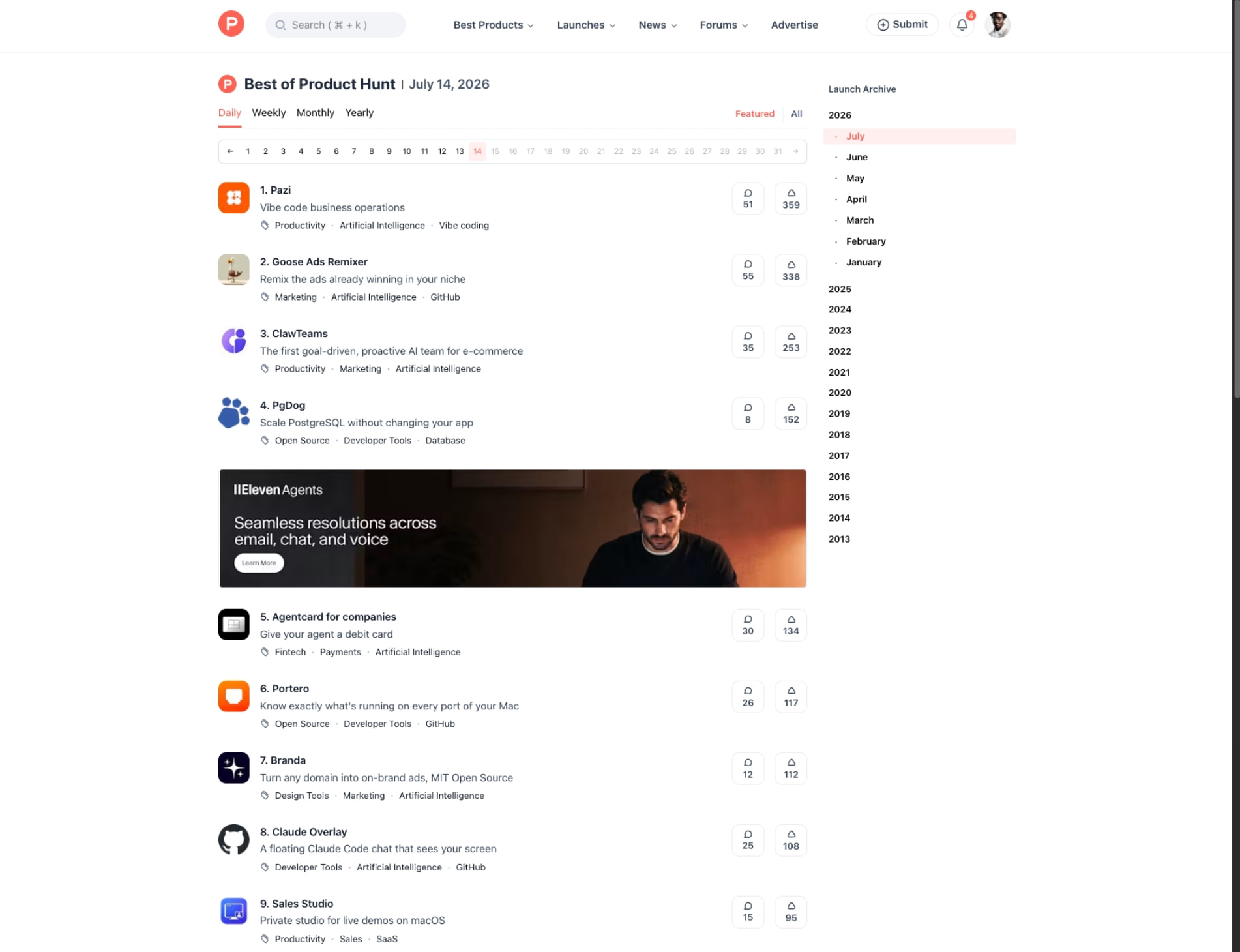 Daily leaderboard with ranked product cards, vote counts, category tags, and a right-hand launch archive sidebar on a white canvas. captured website design