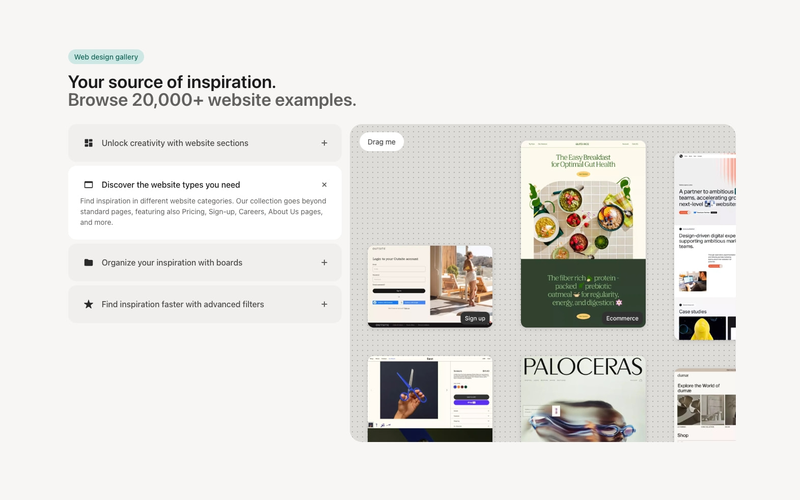 Expanded accordion state revealing descriptive text alongside scattered website preview cards on dotted background captured website design