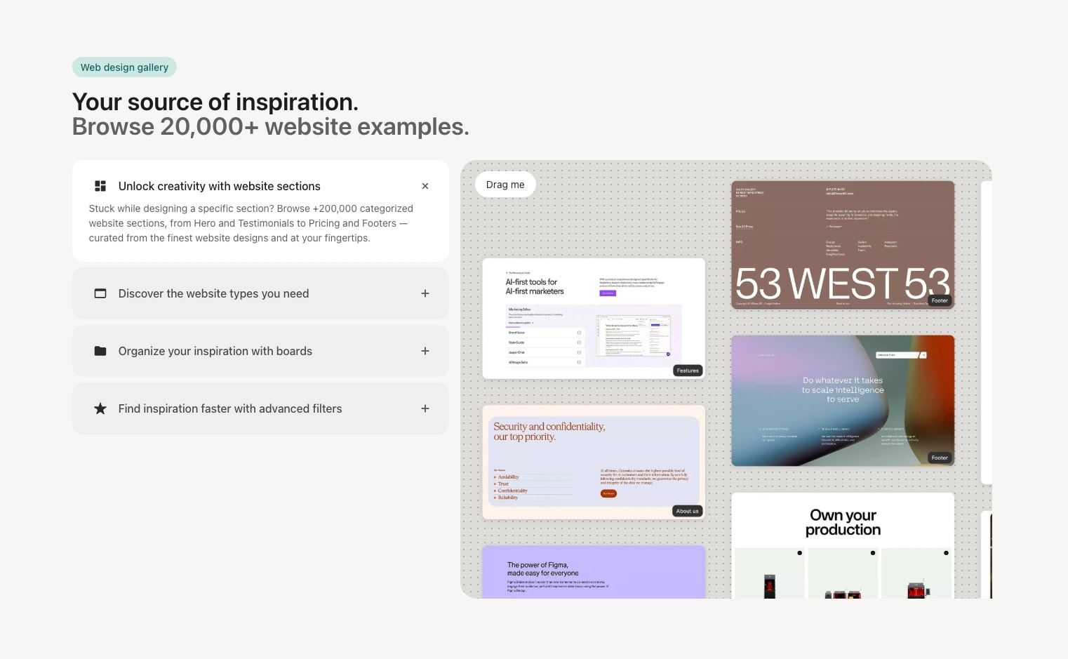 Feature section with accordion list and dotted-grid canvas showing draggable website screenshot cards captured website design