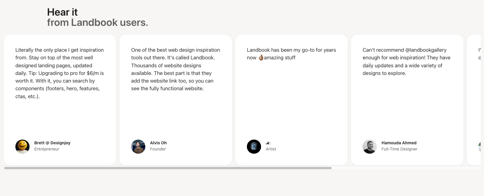 Testimonial carousel with four white cards containing user quotes, avatar circles, and horizontal scrollbar captured website design