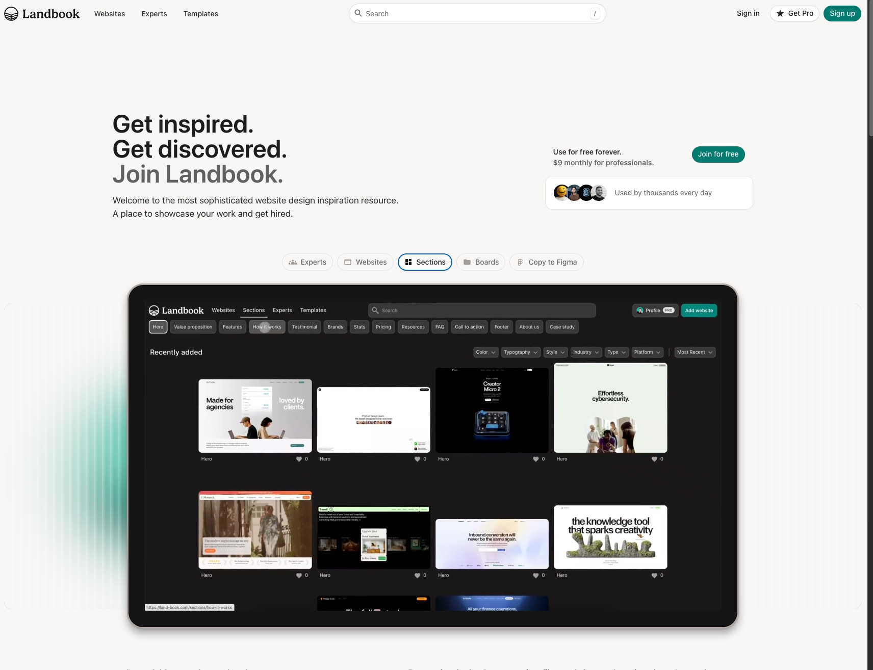 Hero section with large display headline, pricing card, and dark UI mockup showing website gallery grid with category pills captured website design