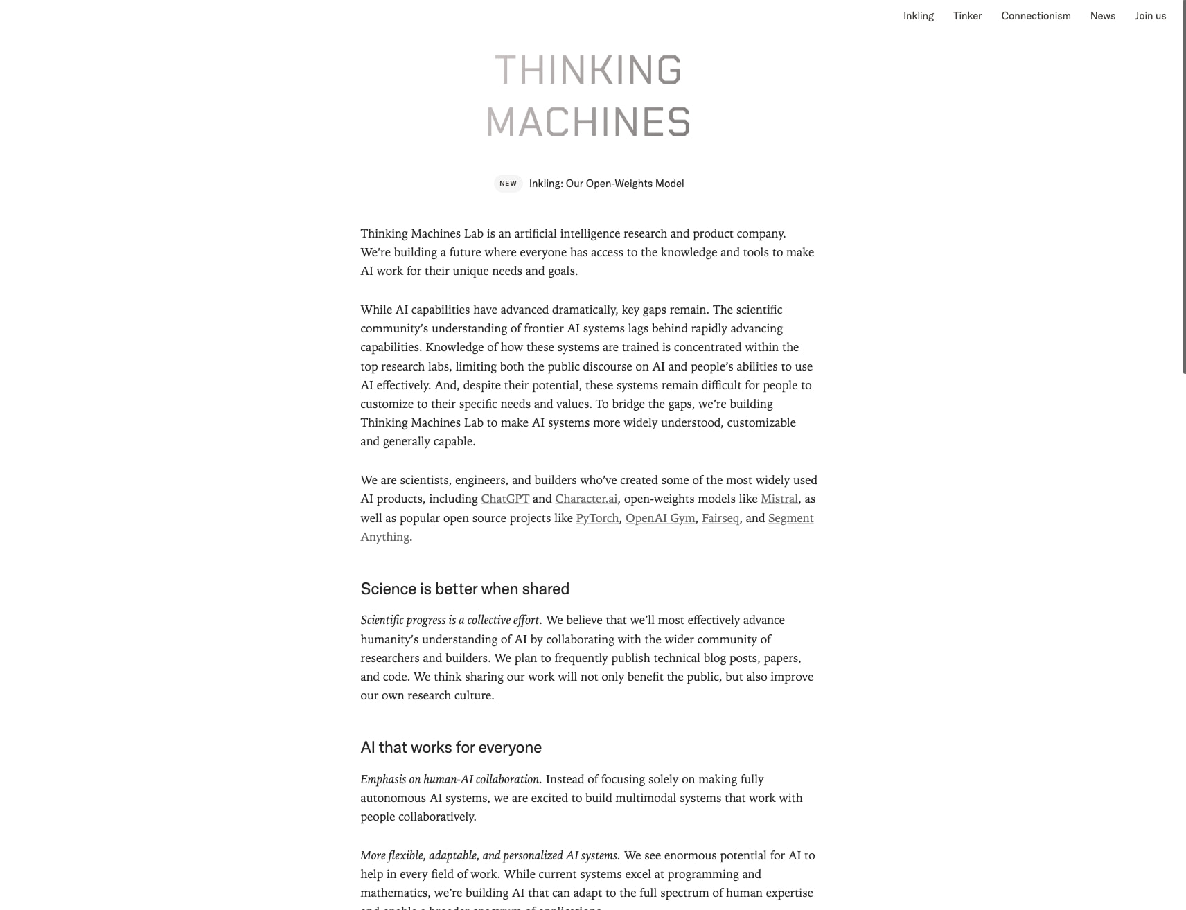 Thinking Machines Lab captured website design