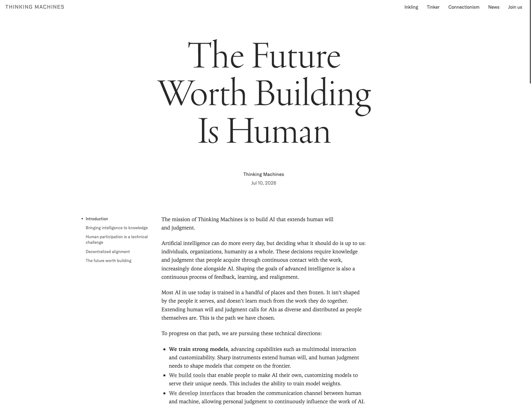 The Future Worth Building Is Human - Thinking Machines Lab captured website design