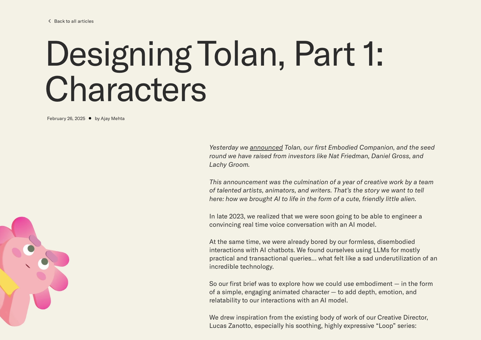 Article hero with large display headline 'Designing Tolan, Part 1: Characters' and pink alien character illustration in left margin captured website design