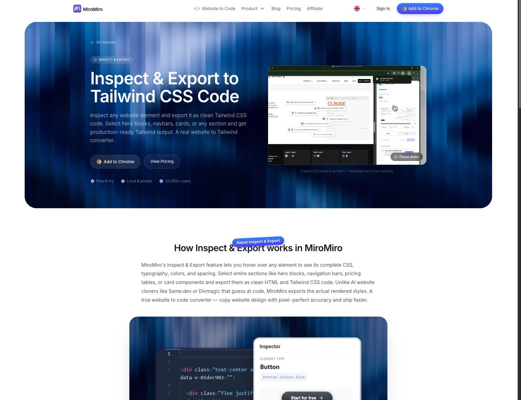 Website to Tailwind — Export Any Section as Clean HTML & Tailwind CSS | MiroMiro captured website design