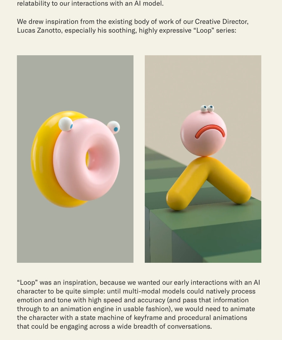 Blog article body featuring two 3D character renders with expressive faces against muted green and sage backgrounds captured website design