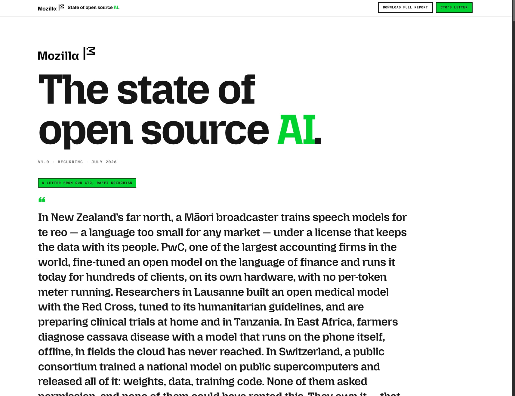 The State of Open Source AI — V1.0 · July 2026 captured website design