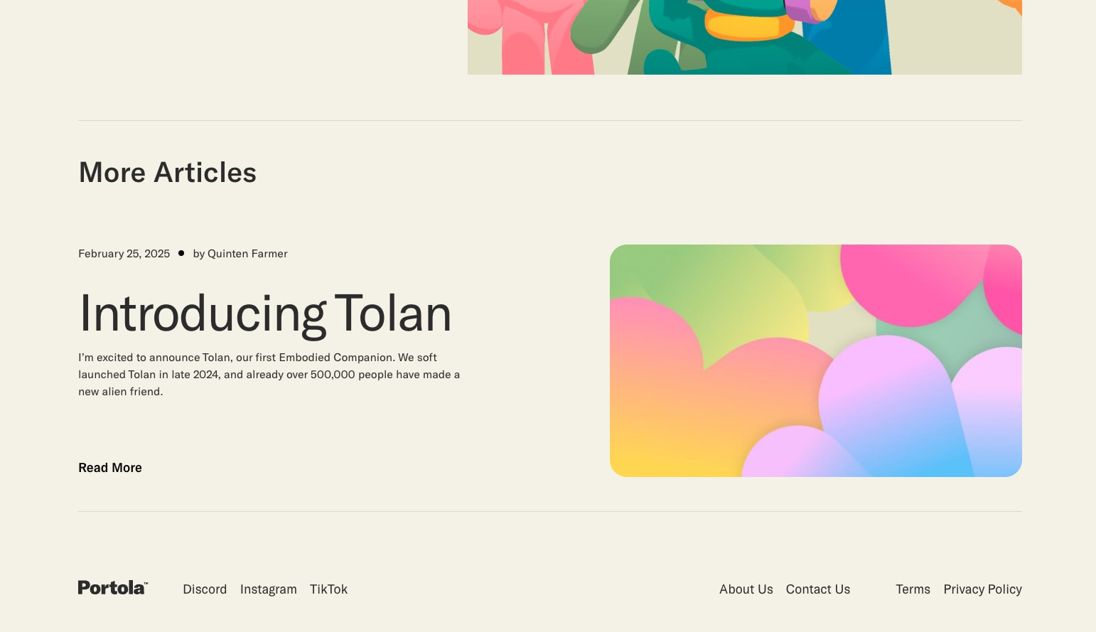 Article listing page showing 'More Articles' section with colorful abstract illustration card and Portola footer branding captured website design