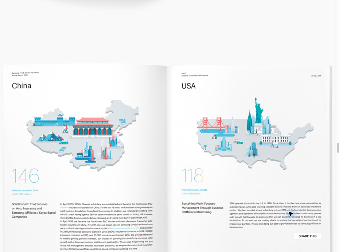 China and USA map infographics with coral and teal architectural illustrations and large display numerals captured website design