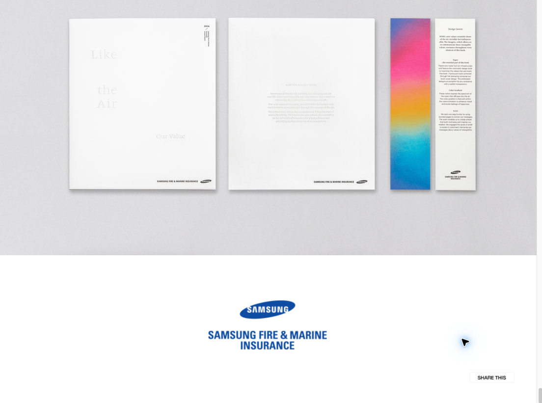 Samsung Fire annual report portfolio spread showing gradient bookmark and clean white layout with SHARE THIS button captured website design
