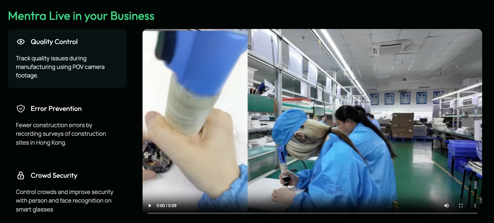 Business use cases panel with video player showing factory floor, icon-labeled cards, and green section heading captured website design