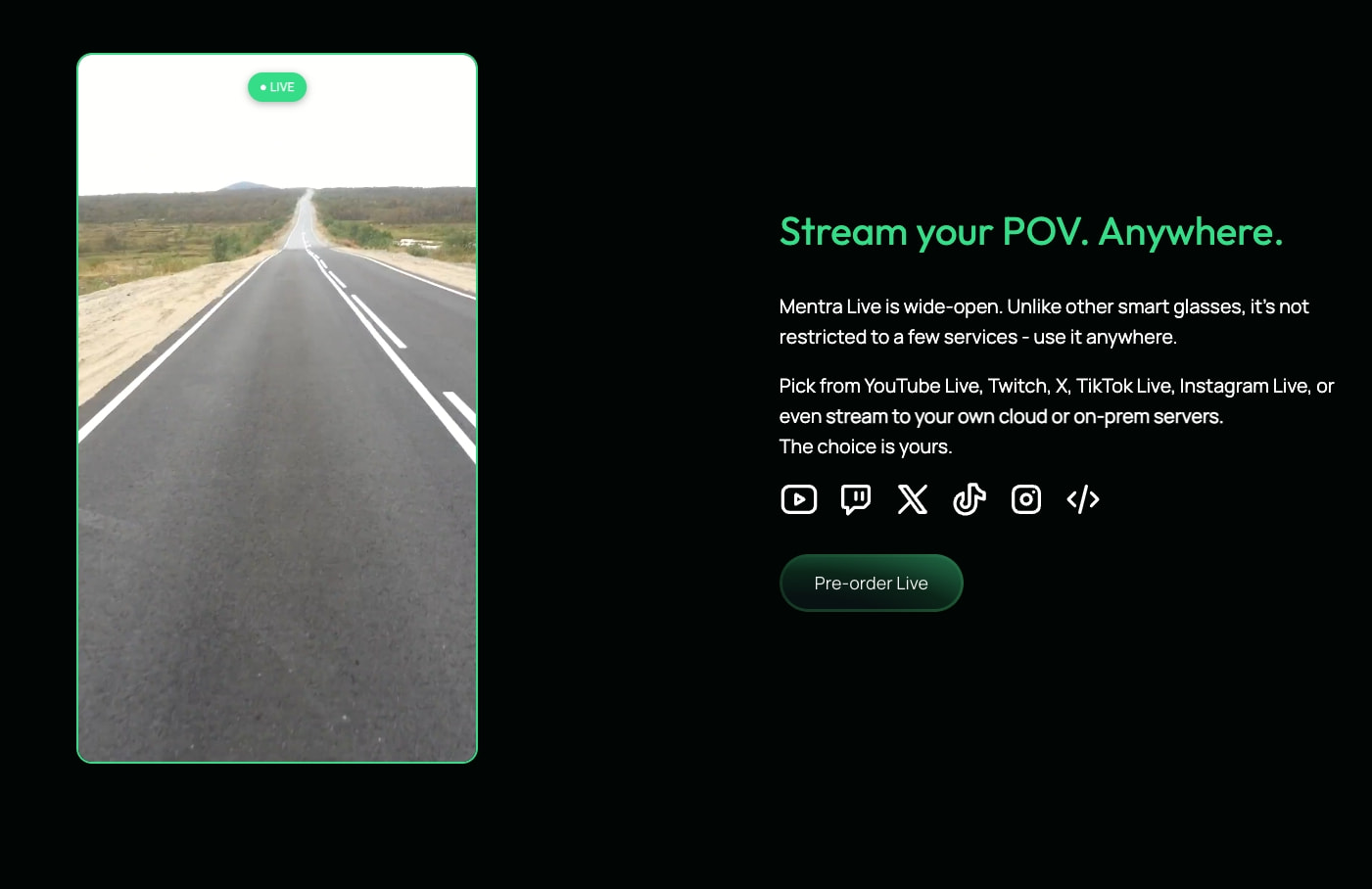 POV streaming feature section with phone mockup showing live road footage, platform icons, and green-bordered device frame captured website design