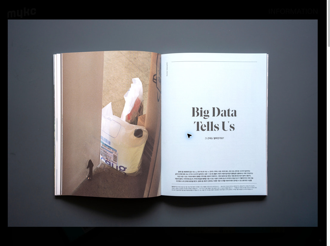 Directory Magazine interior spread showing a left-page photograph of a plastic container and a right-page headline Big Data Tells Us in black serif type on pale blue. captured website design