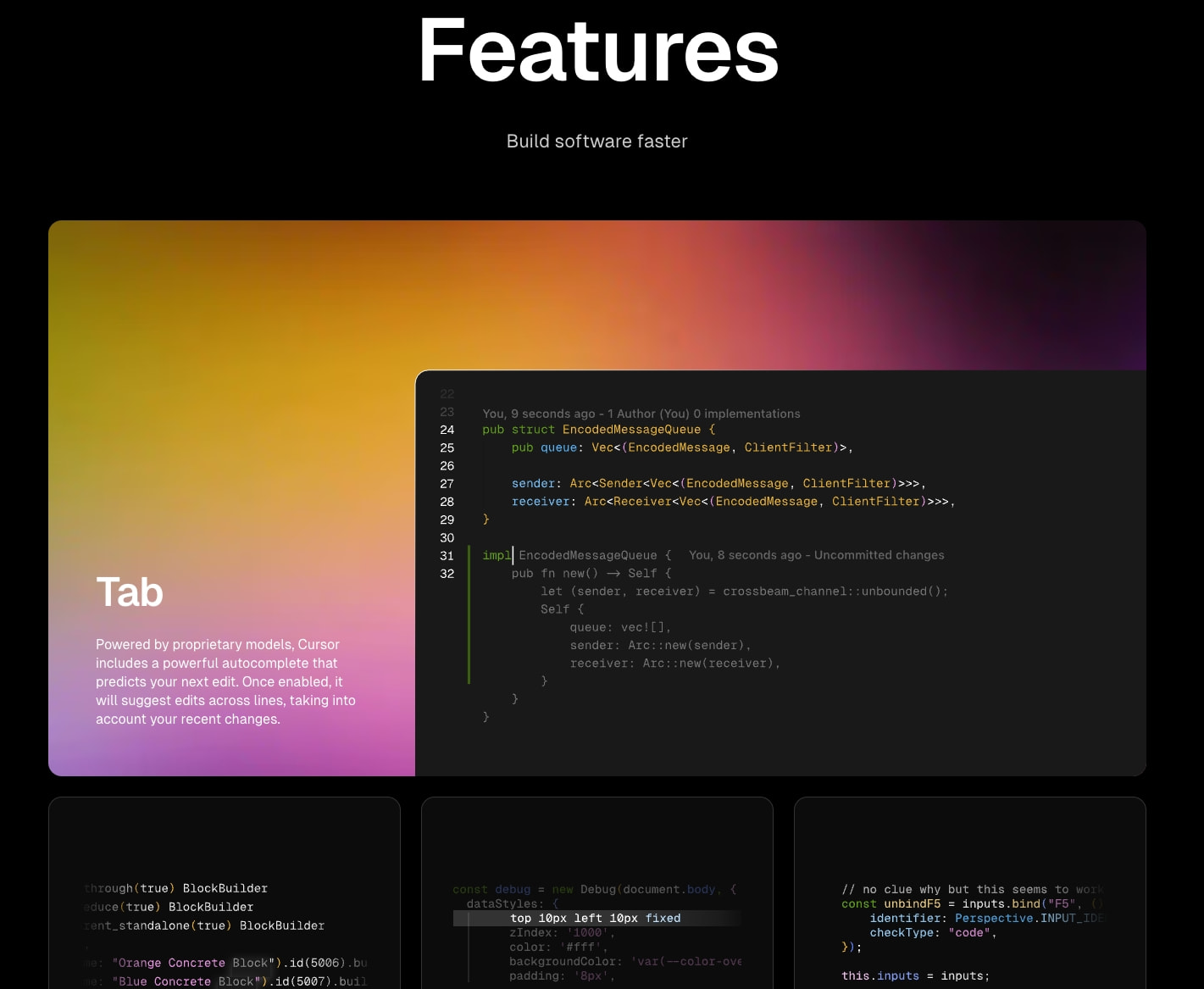 Features | Cursor - The AI Code Editor captured website design