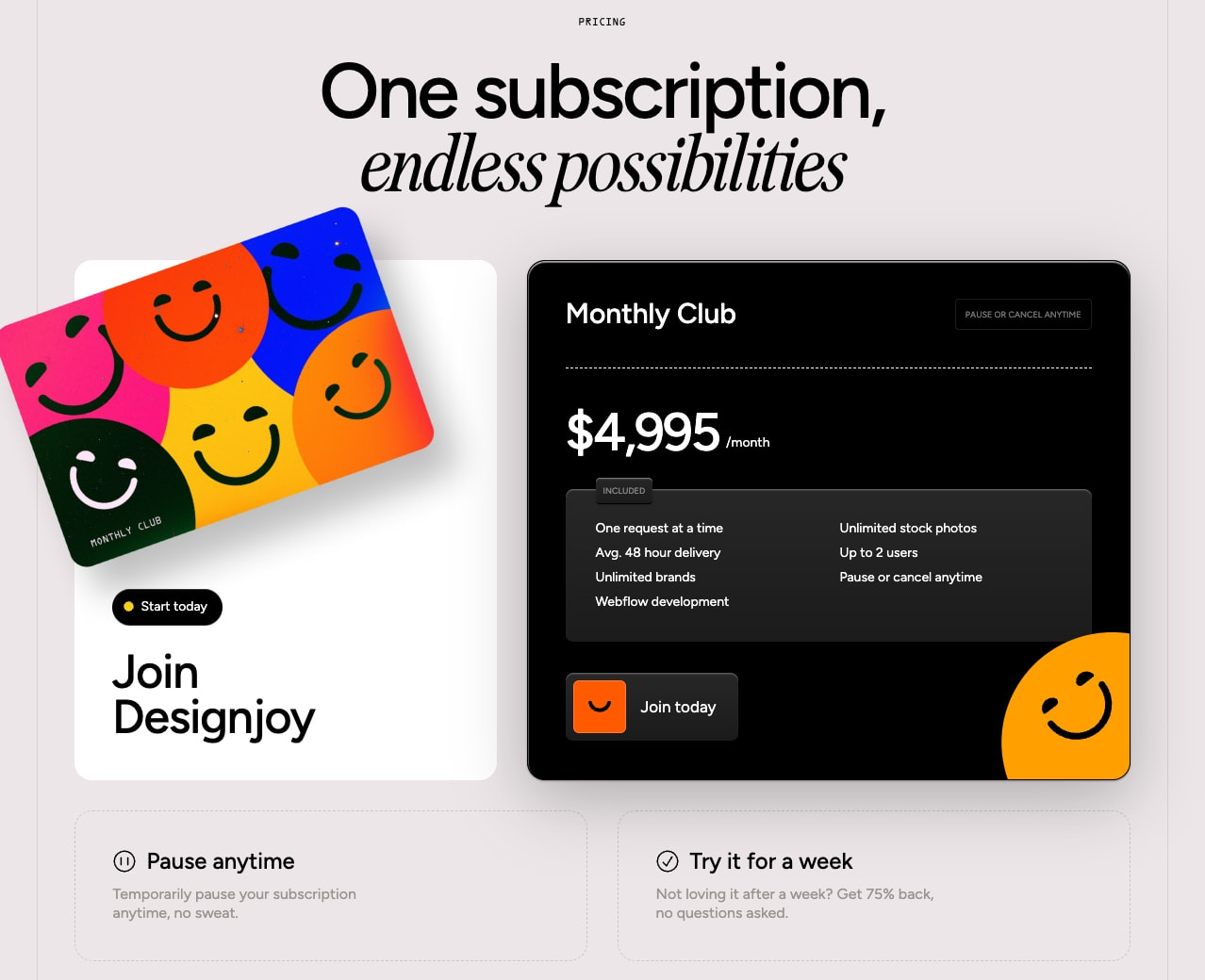 Pricing section with tilted colorful smiley card, black pricing panel, orange accent button, and feature grid captured website design