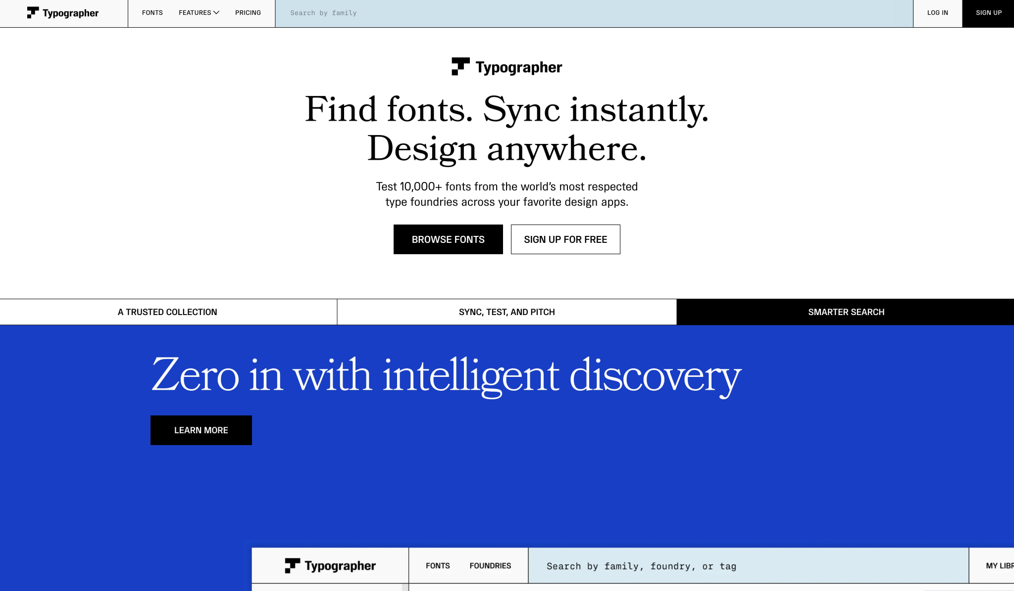 Find, sync, and test fonts | Typographer captured website design