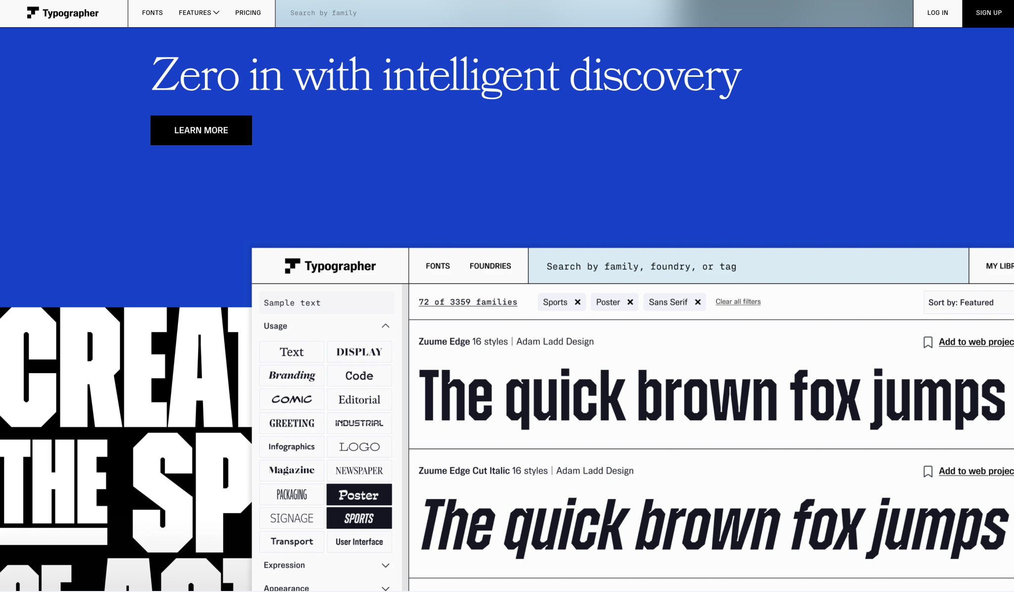 Find, sync, and test fonts | Typographer captured website design
