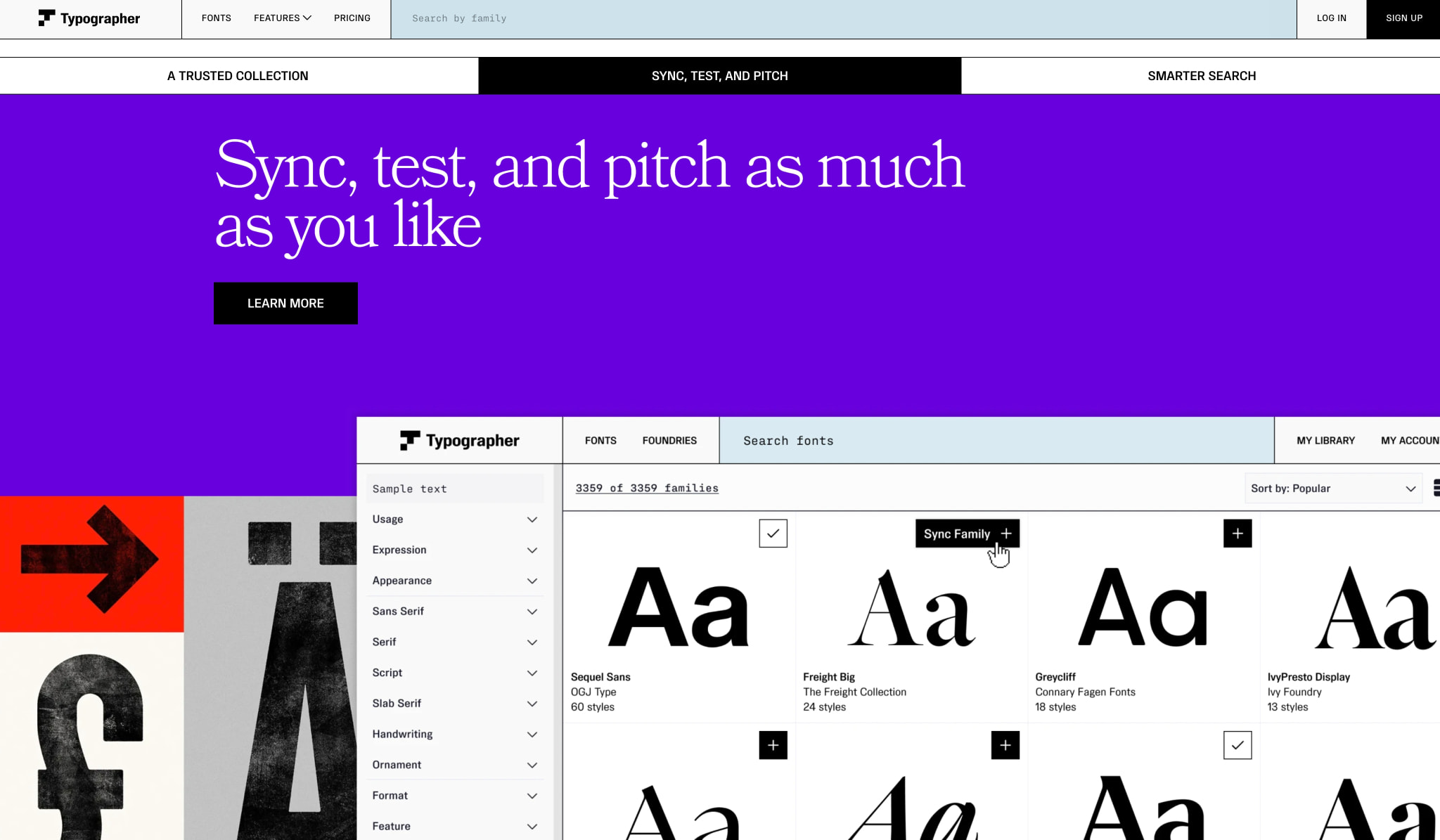 Find, sync, and test fonts | Typographer captured website design