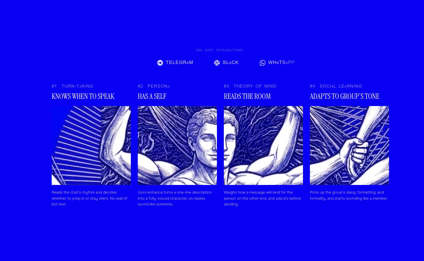Feature grid with four classical engravings, integration logos, and numbered capability cards captured website design