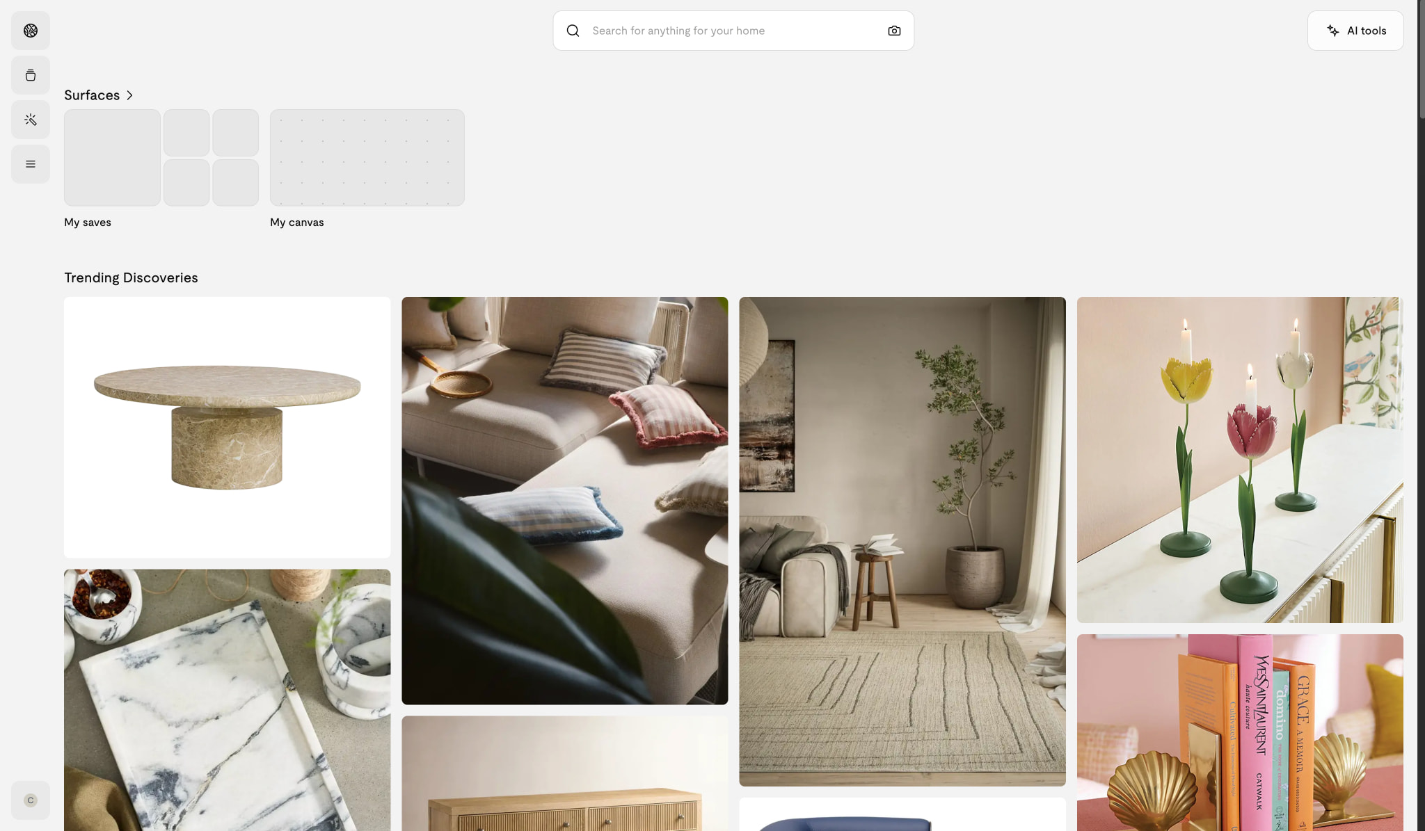 Homepage hero with search bar, AI tools button, Surfaces category row, and masonry grid of interior design photography captured website design