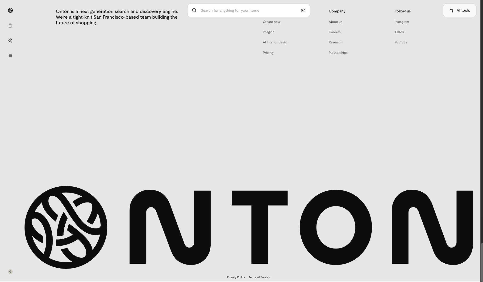 Light homepage footer with search bar, navigation columns, and massive black Onton wordmark on warm gray background captured website design