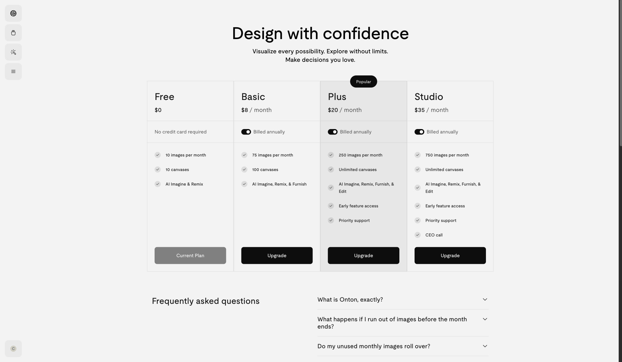 Light pricing page with four-tier card grid, toggle switches, checkmark feature lists, and FAQ accordion section captured website design
