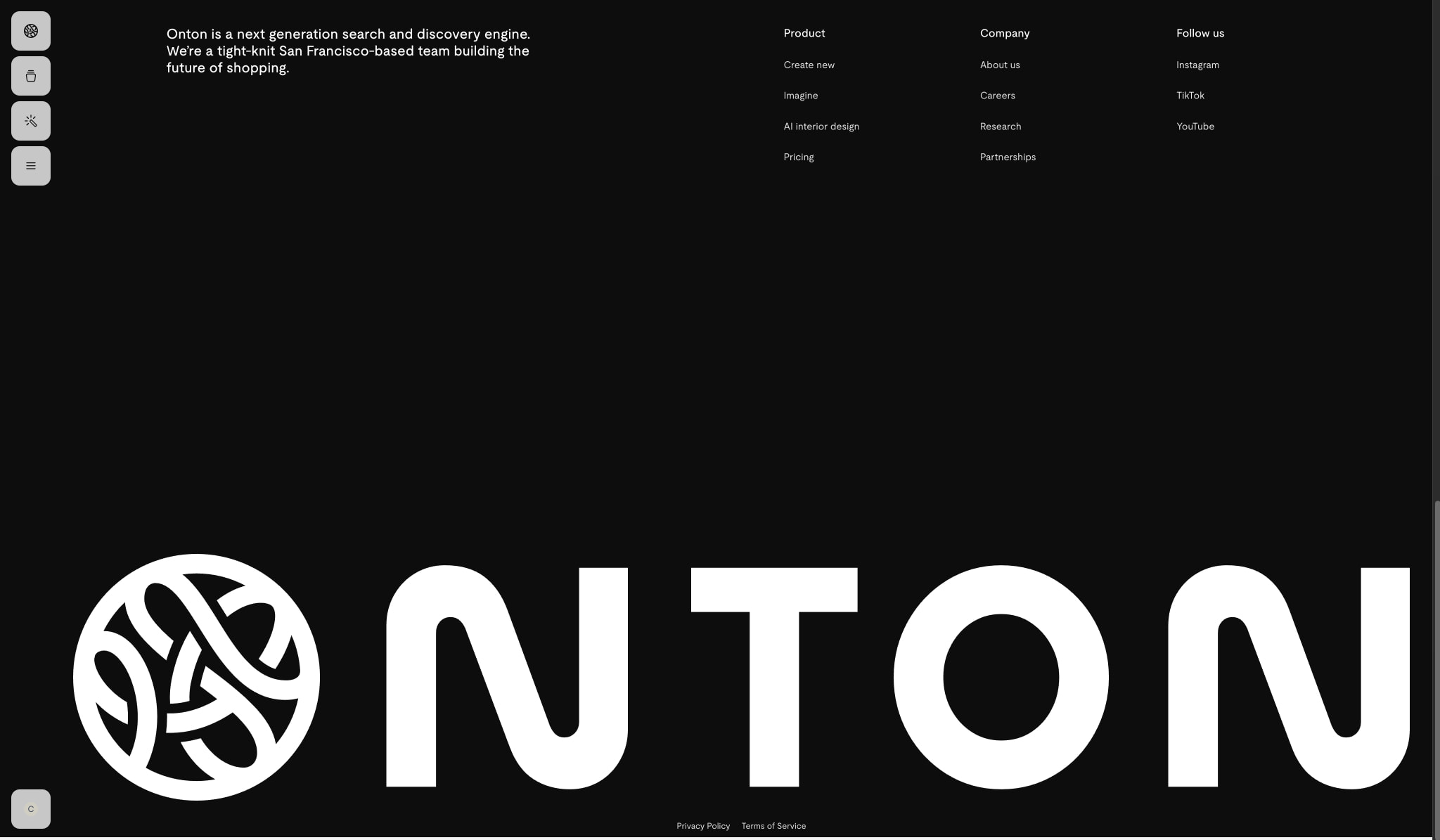 Dark footer with oversized white Onton logotype, vertical icon dock, and multi-column link grid on near-black background captured website design
