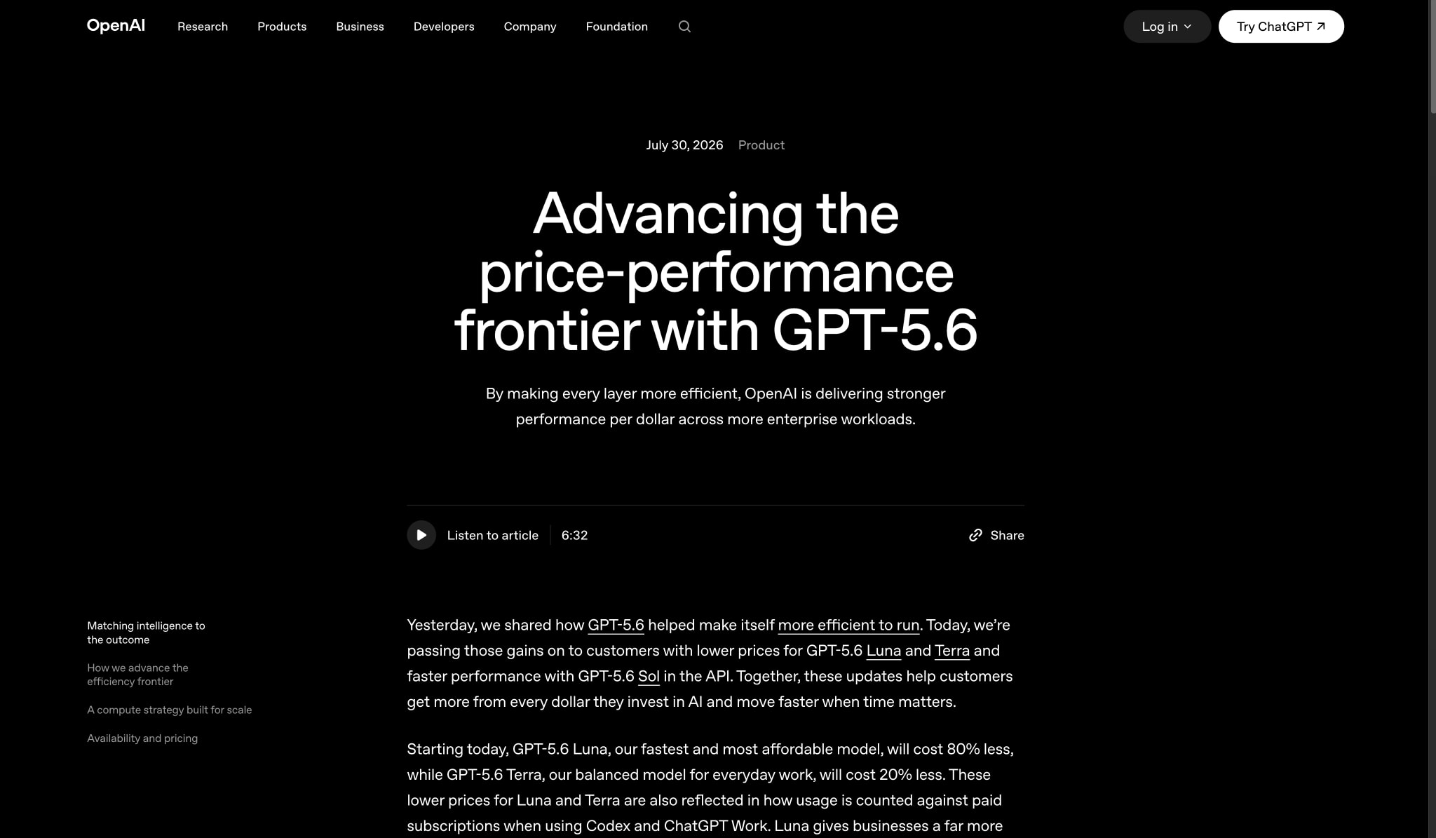Advancing the price-performance frontier with GPT-5.6 | OpenAI captured website design