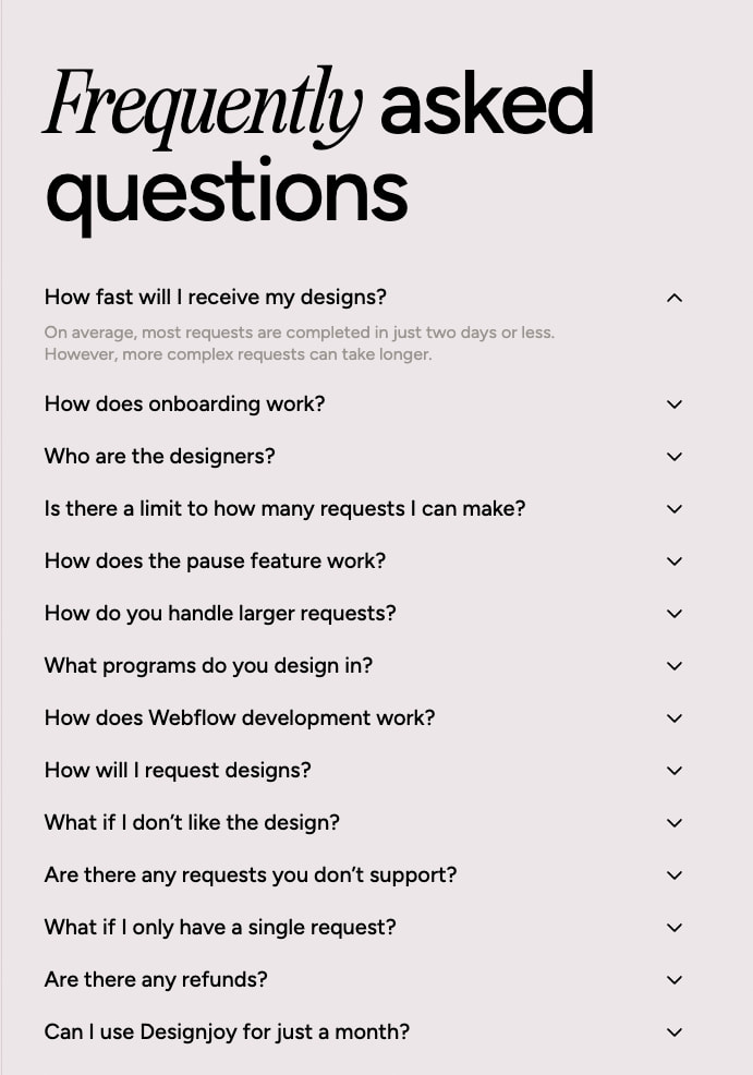 Light gray FAQ section with italic serif heading, accordion questions with chevron icons, and muted answer text captured website design