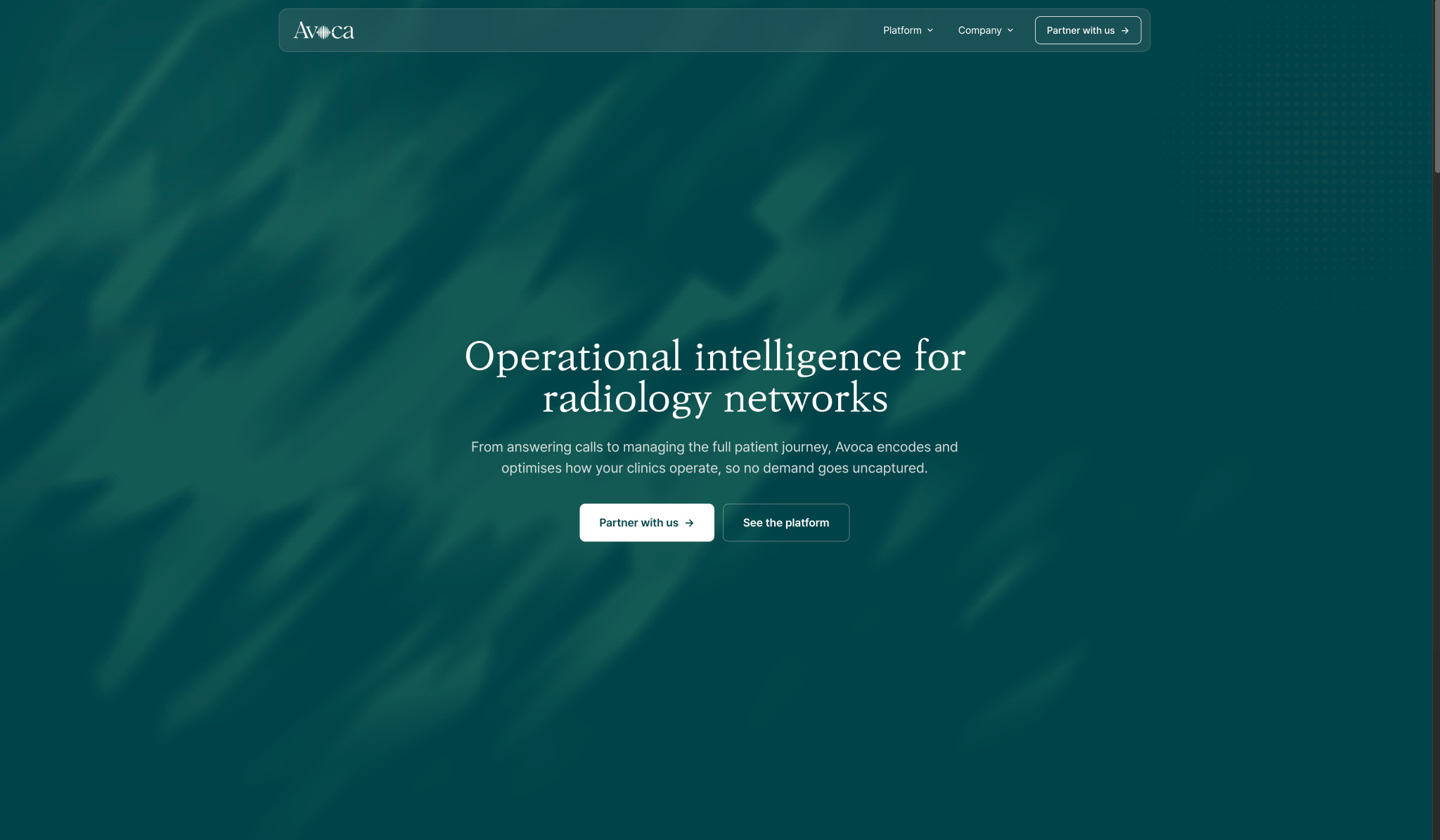 Hero section with dark teal radial gradient background, serif headline, and two action buttons on the homepage captured website design