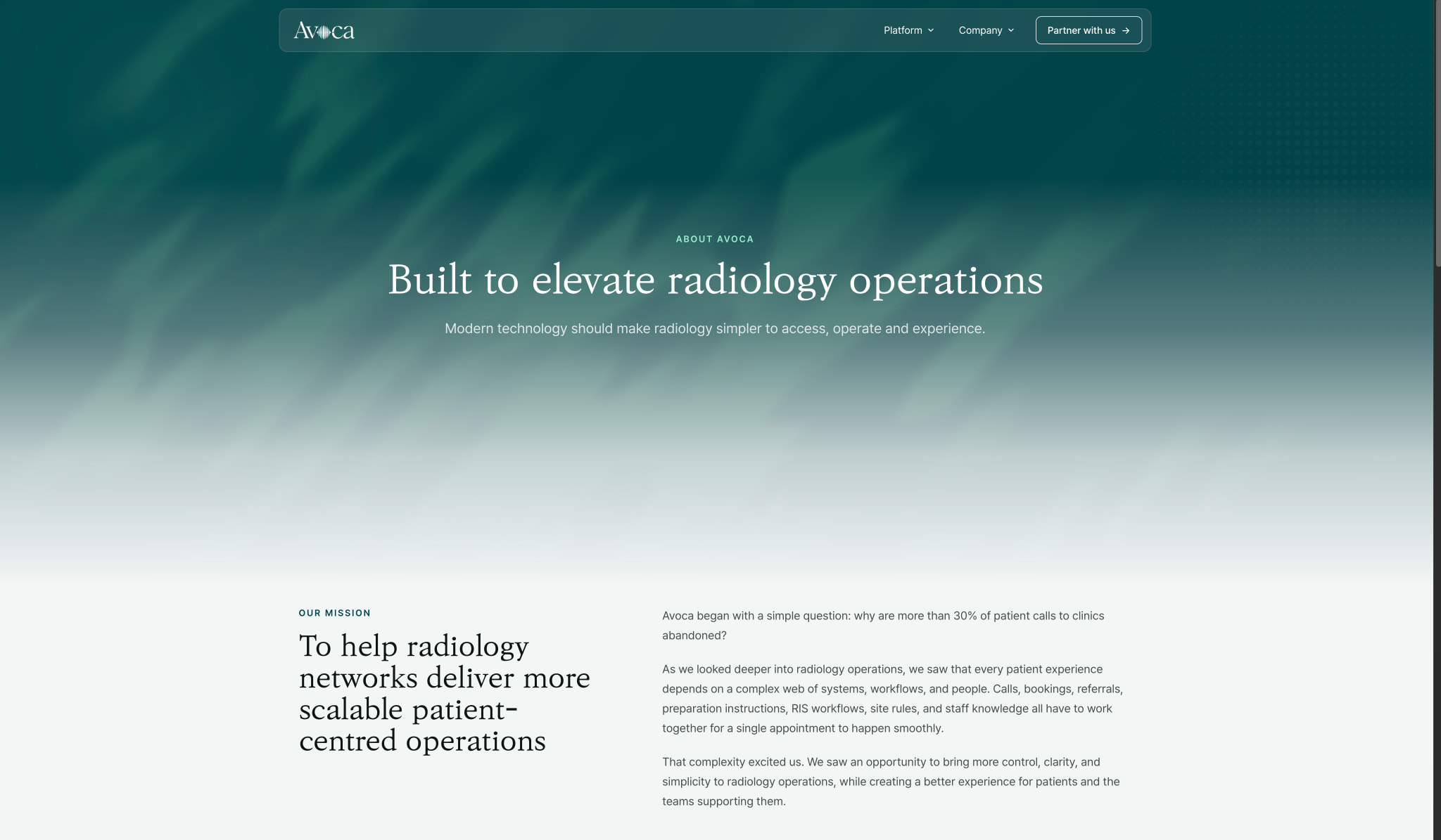 About page hero with gradient transition from dark teal to light mint, featuring mission statement in two-column layout captured website design