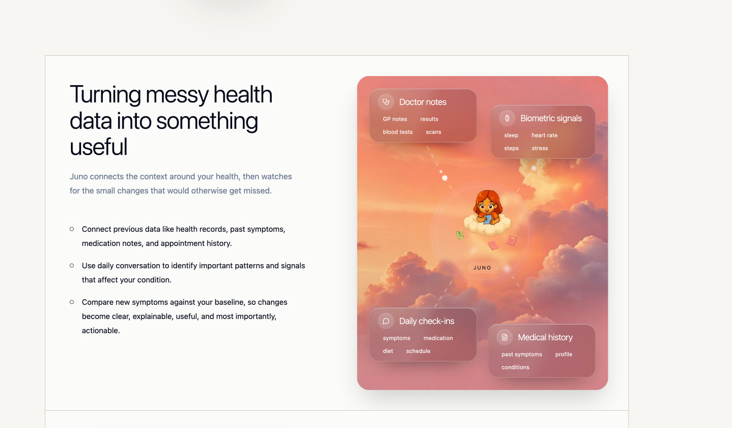 Juno — Your 24/7 AI Health Assistant for Chronic Illness captured website design