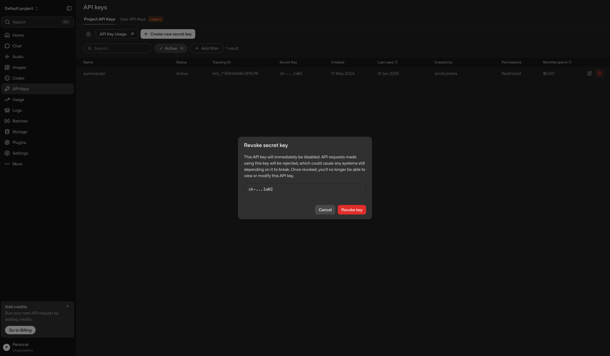 API keys - OpenAI API captured website design