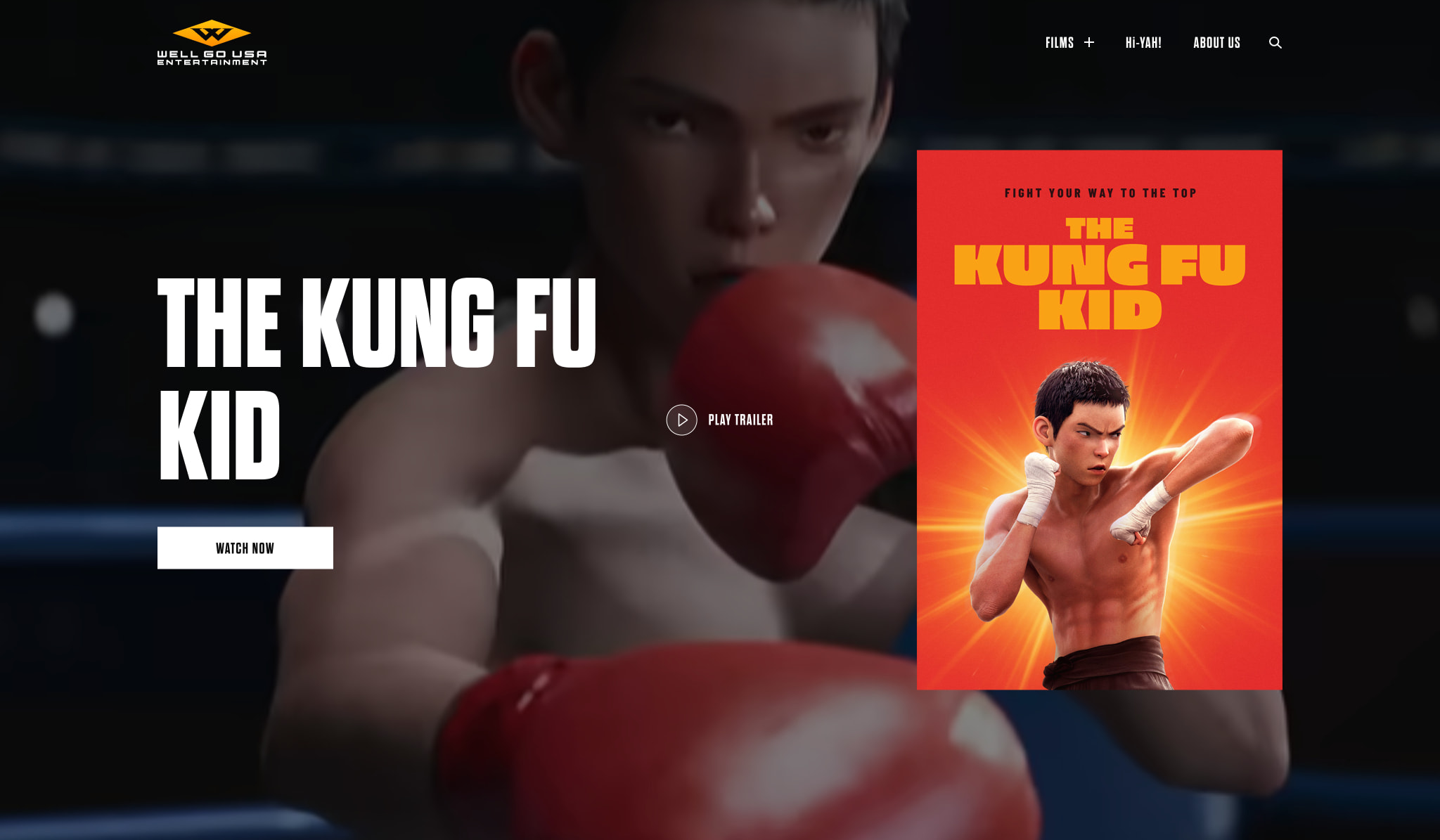 Hero section with boxing-ring background, same title treatment, and persistent orange poster card with fighter imagery captured website design