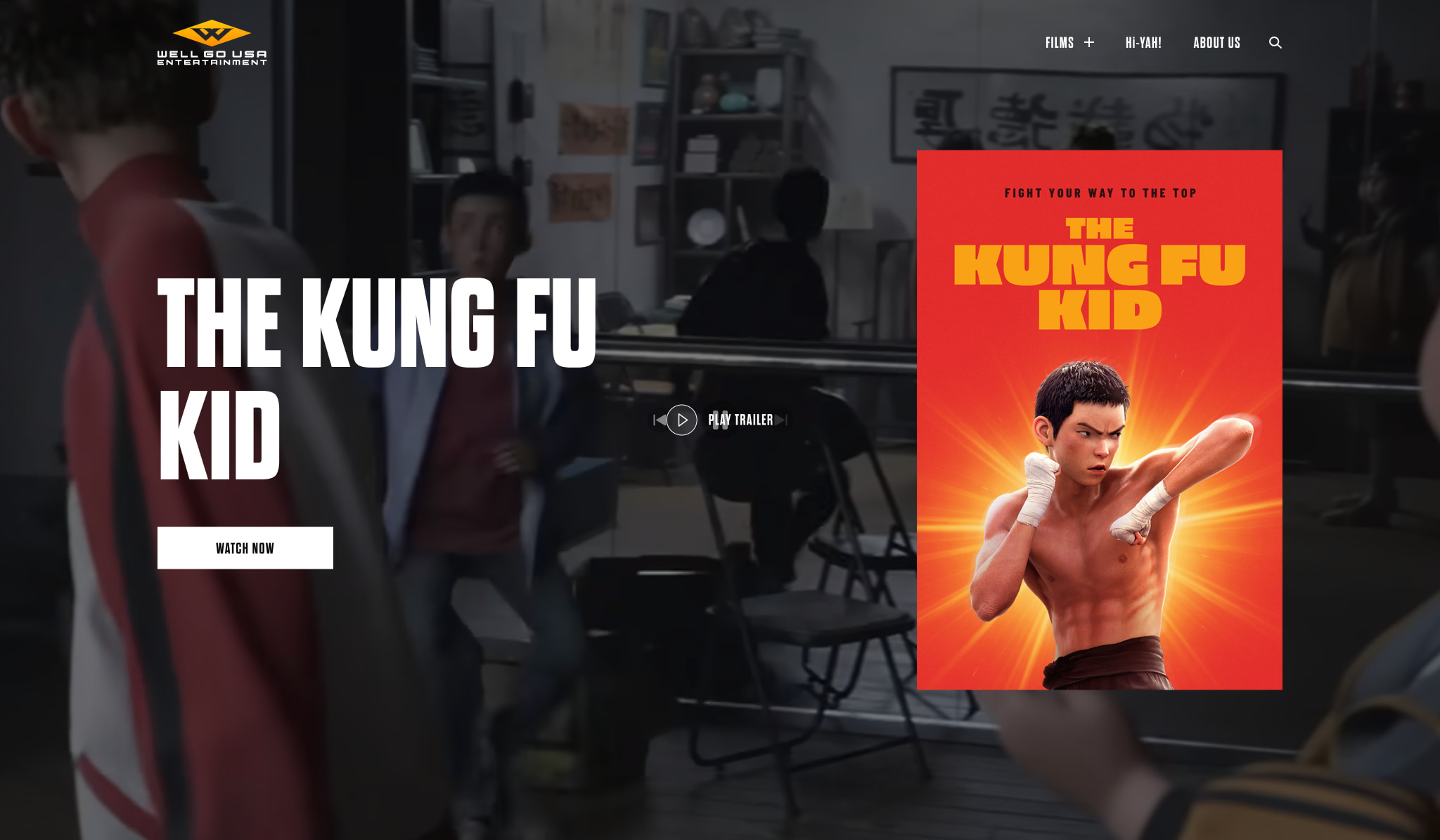Hero section with dimmed martial-arts classroom background, oversized white condensed title, and orange movie poster card captured website design